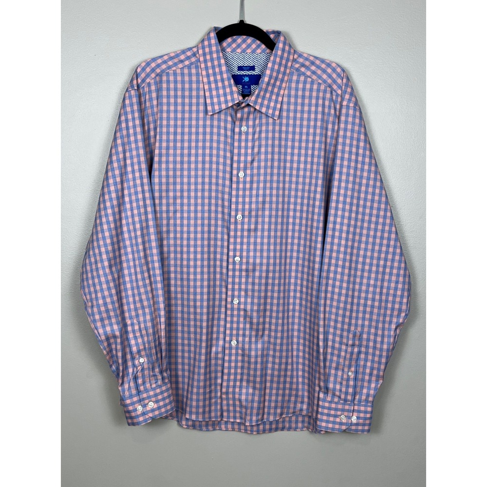 Egara Mens XL Slim Fit Non-Iron Dress Shirt Blue Pink Gingham Plaid Stretch